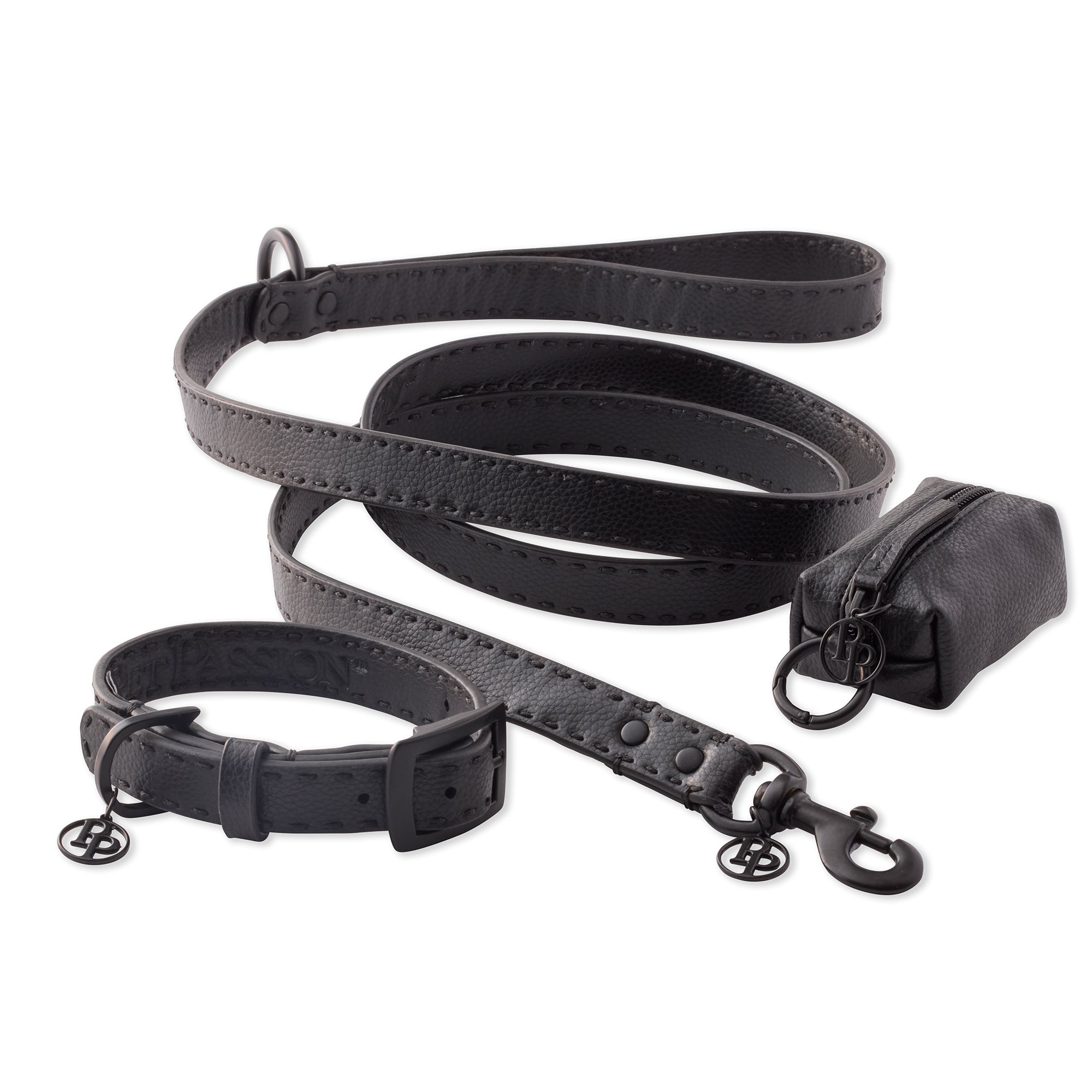 Let It Rein Collar, Leash & Caddy Set in Black Beauty - Pet Passion vegan leather dog walking set