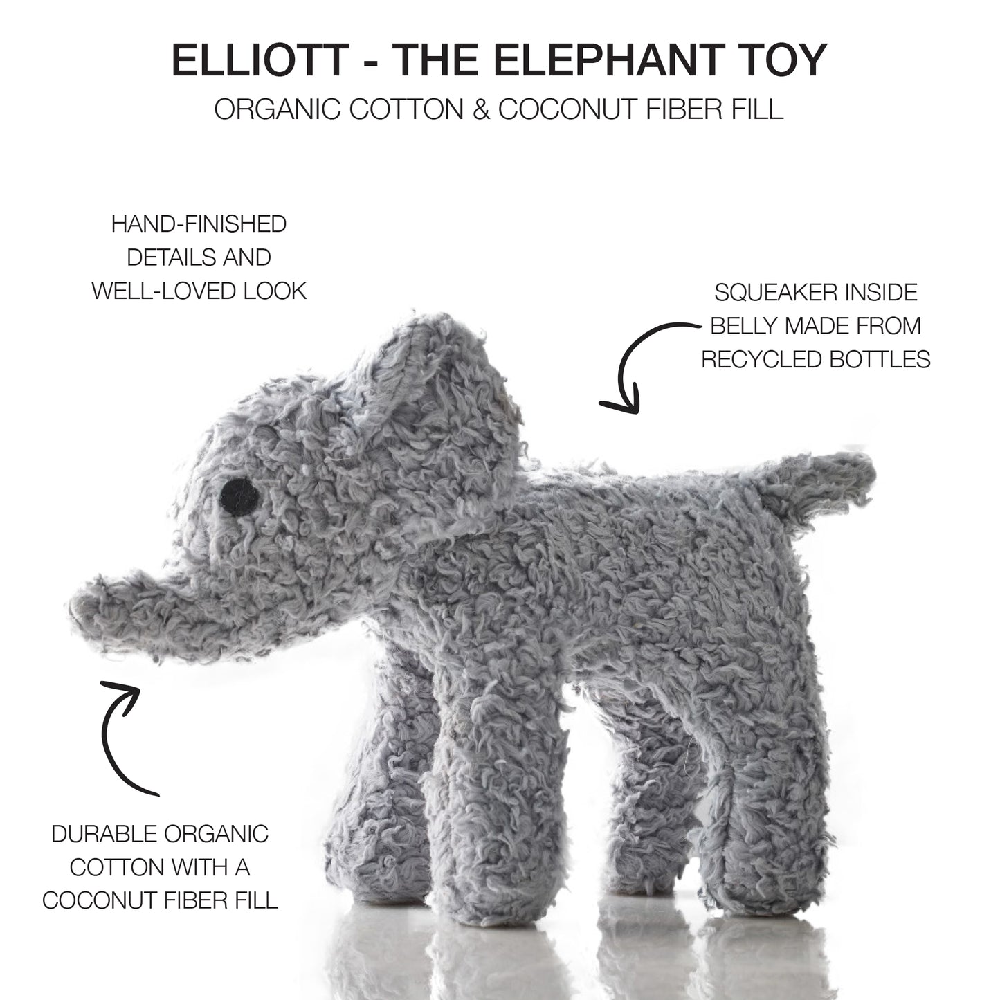 Elliot the Elephant toy with product description details and Elliott title at the top