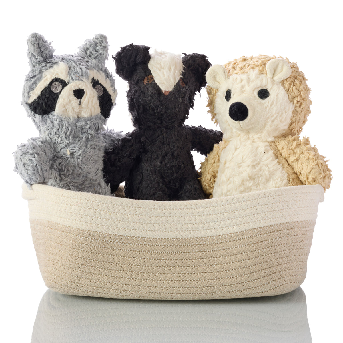 Pet Passion Three's Company plush dog toy 3-pack in gift basket — hedgehog, skunk, and raccoon dog toys