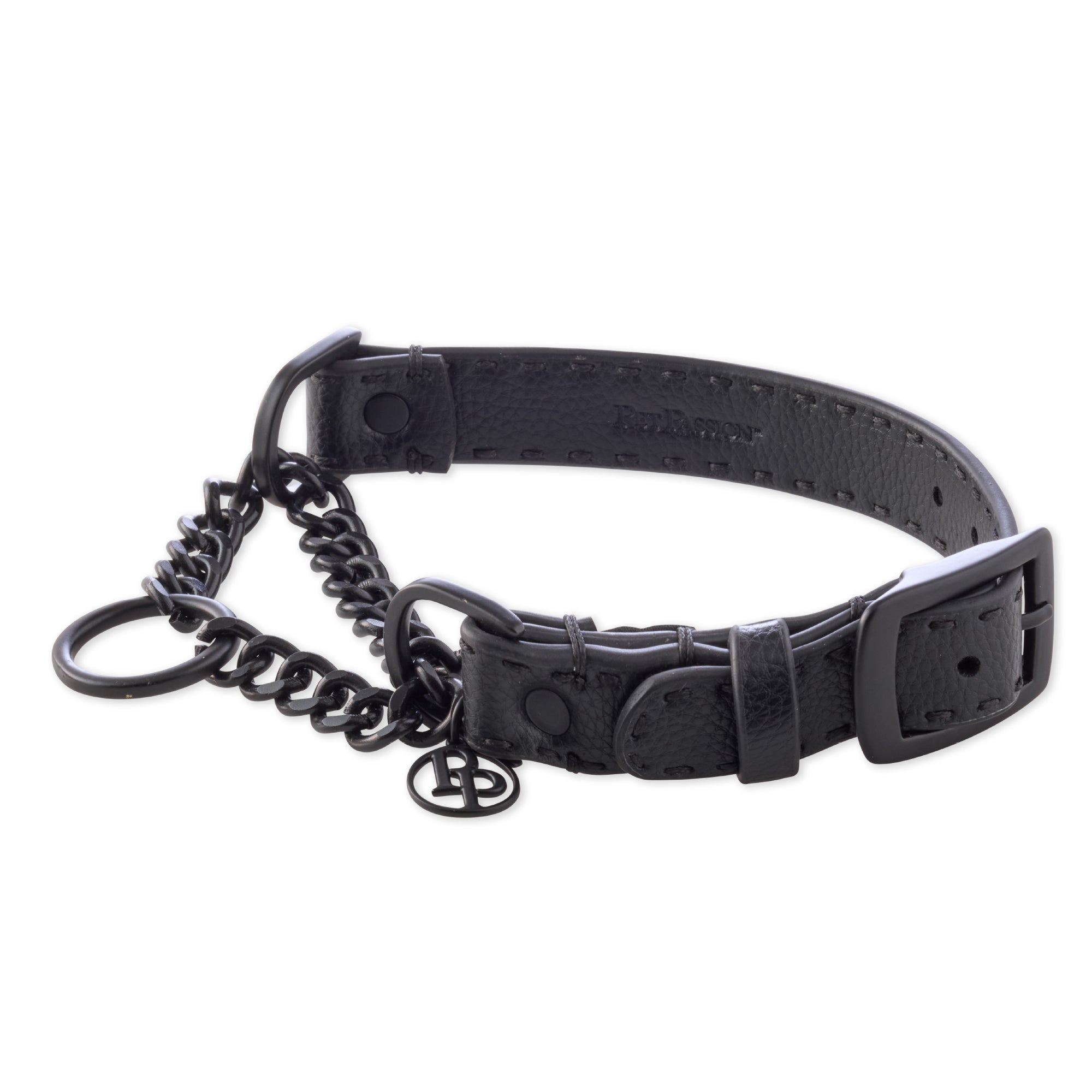 Vegan Rein Leather Martingale Collar in Black Beauty on a white background