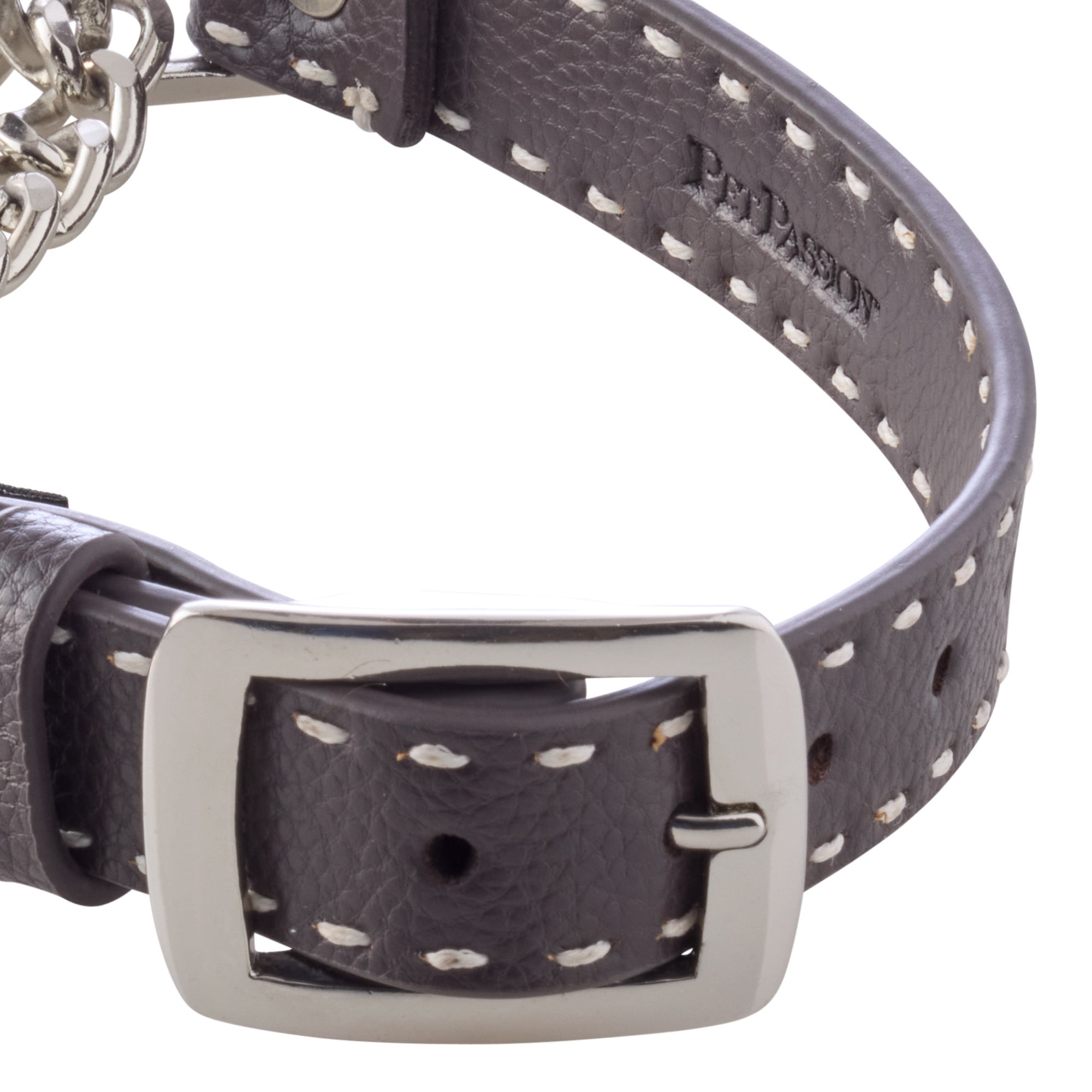 Close-up of collar buckle hardware and stitching.