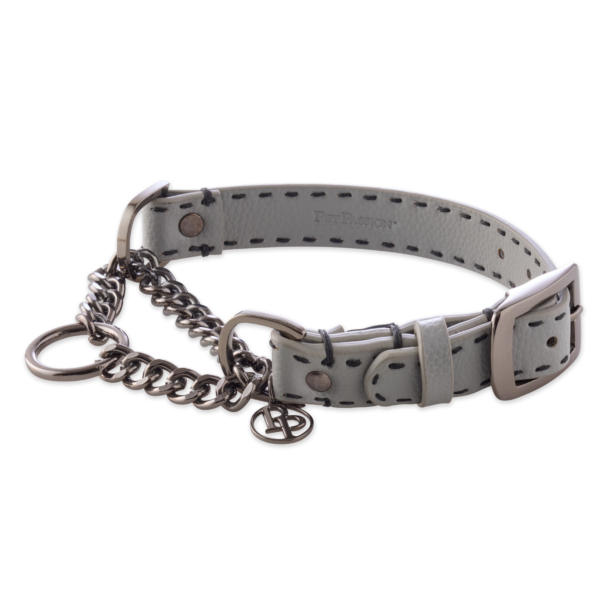 Vegan Rein Leather Martingale Collar in Gray on a white background