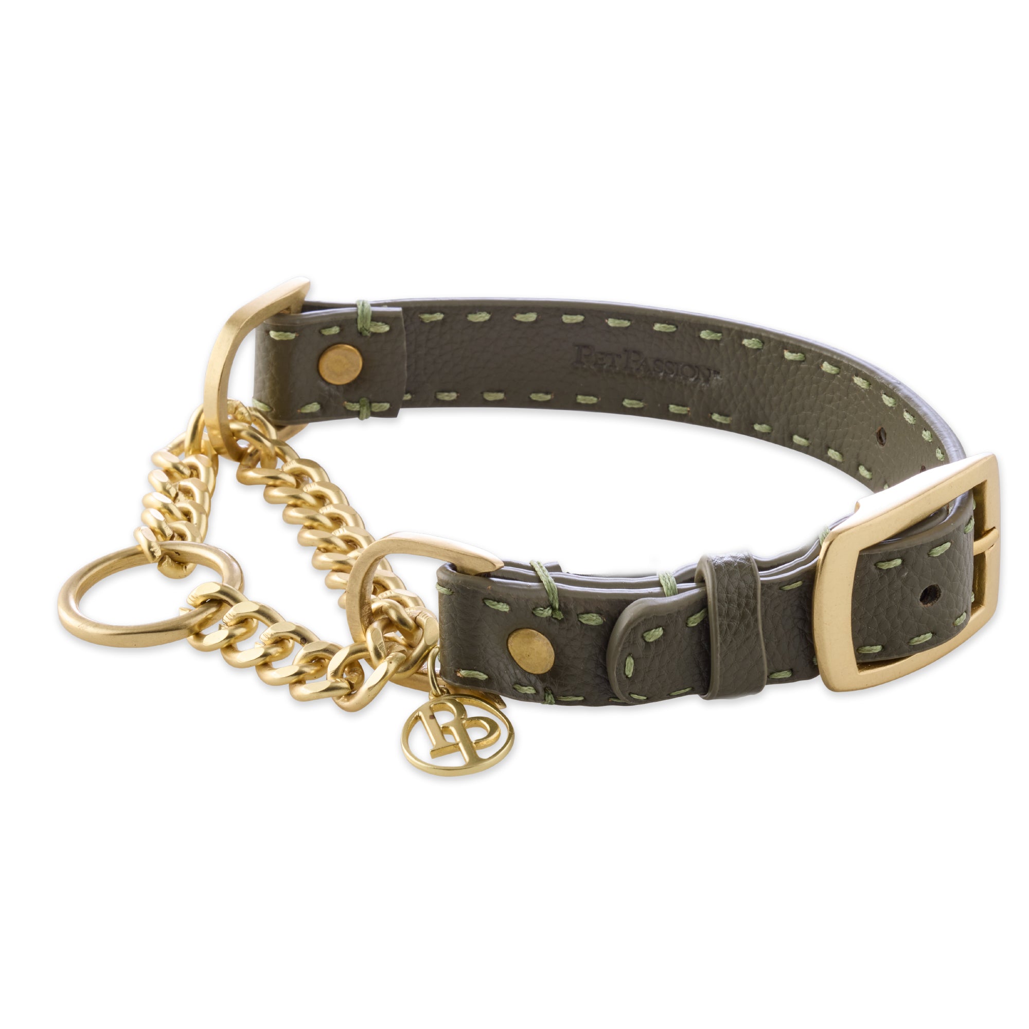 Vegan Rein Leather Martingale Collar in Scottish Olive on a white background