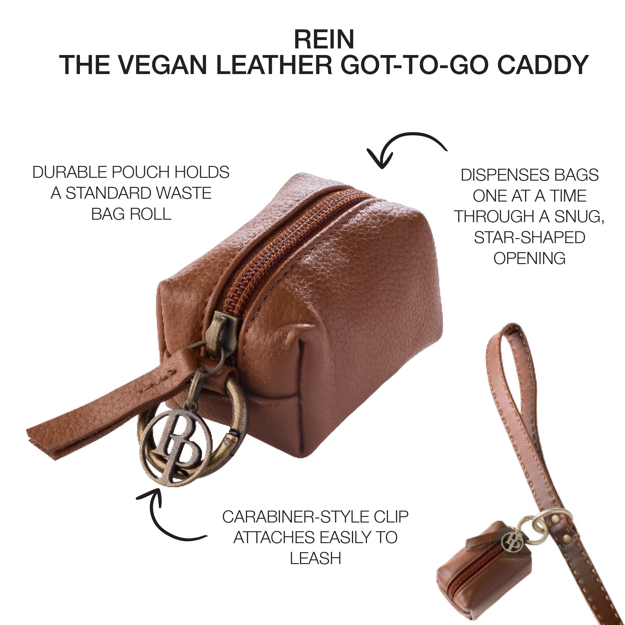 Rein Caddy in Chestnut Heather with Product descriptions surrounding it and leash detail in the background