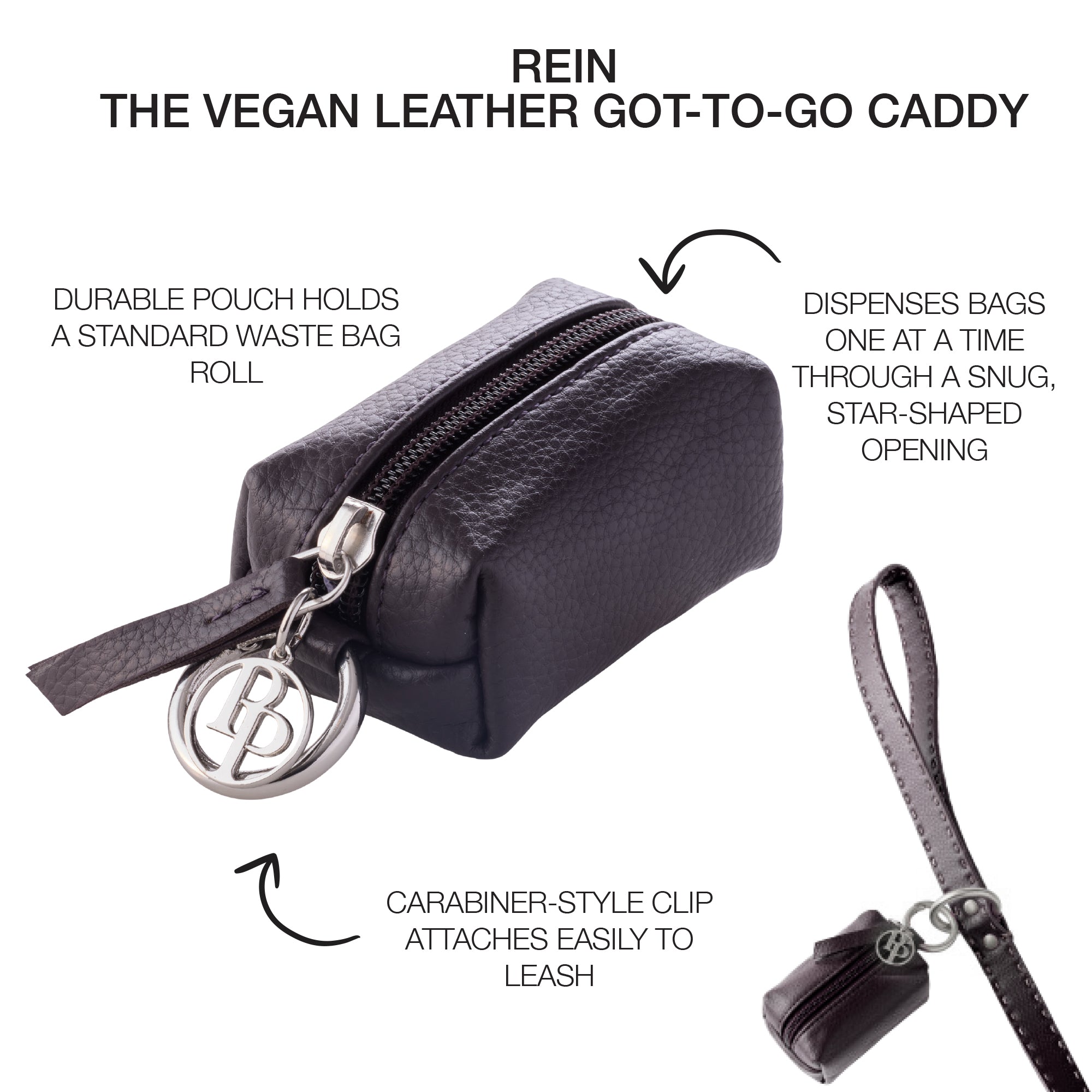 Rein Caddy in Chocolate Espresso with Product descriptions surrounding it and leash detail in the background