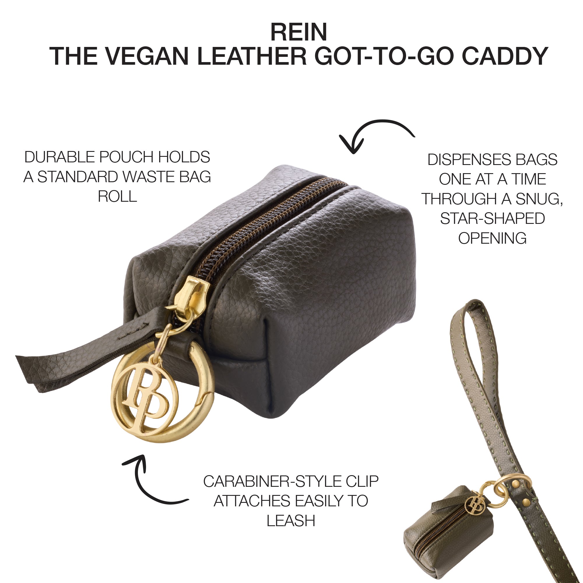 Rein Caddy in Scottish Olive with Product descriptions surrounding it and leash detail in the background