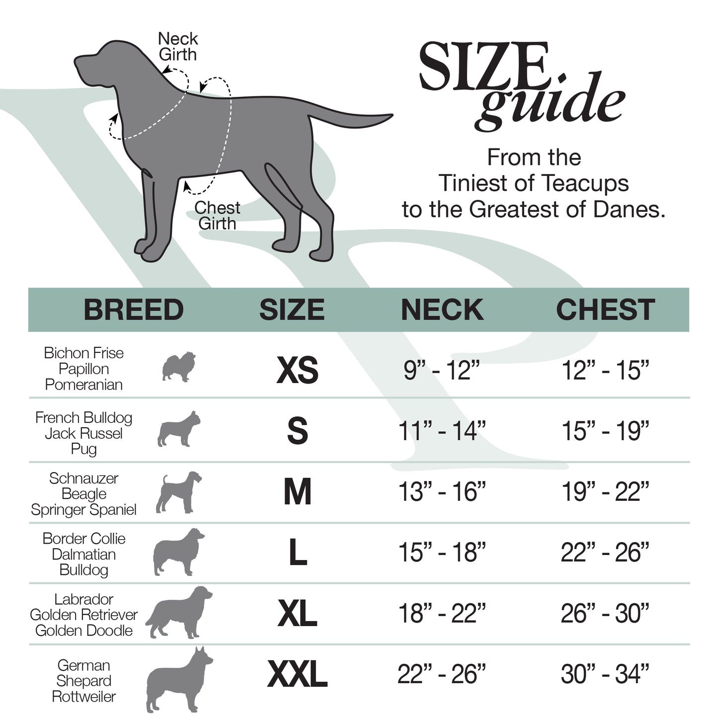 Size Guide from the tiniest of teacups to the greatest of danes.