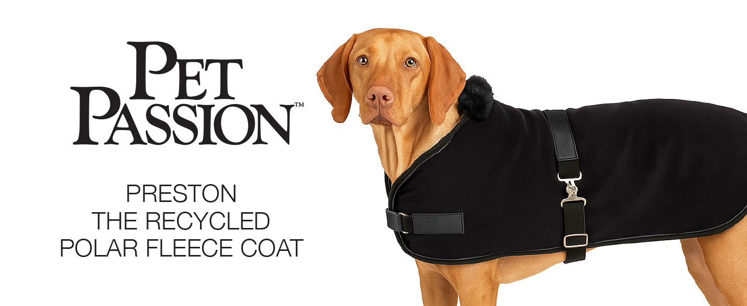Dog wearing a black recycled polar fleece coat with 'Pet Passion' branding on a white background.