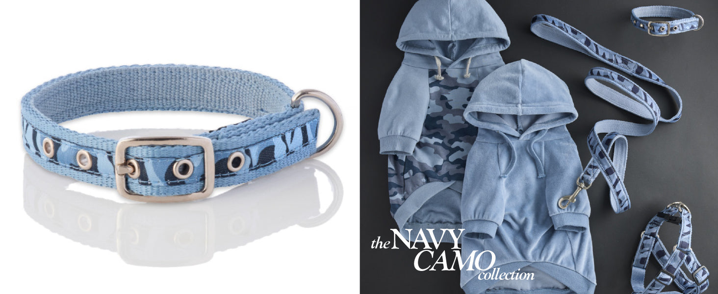 Collage of blue pet products including a collar, harness, and leash with 'Navy Camo' branding.