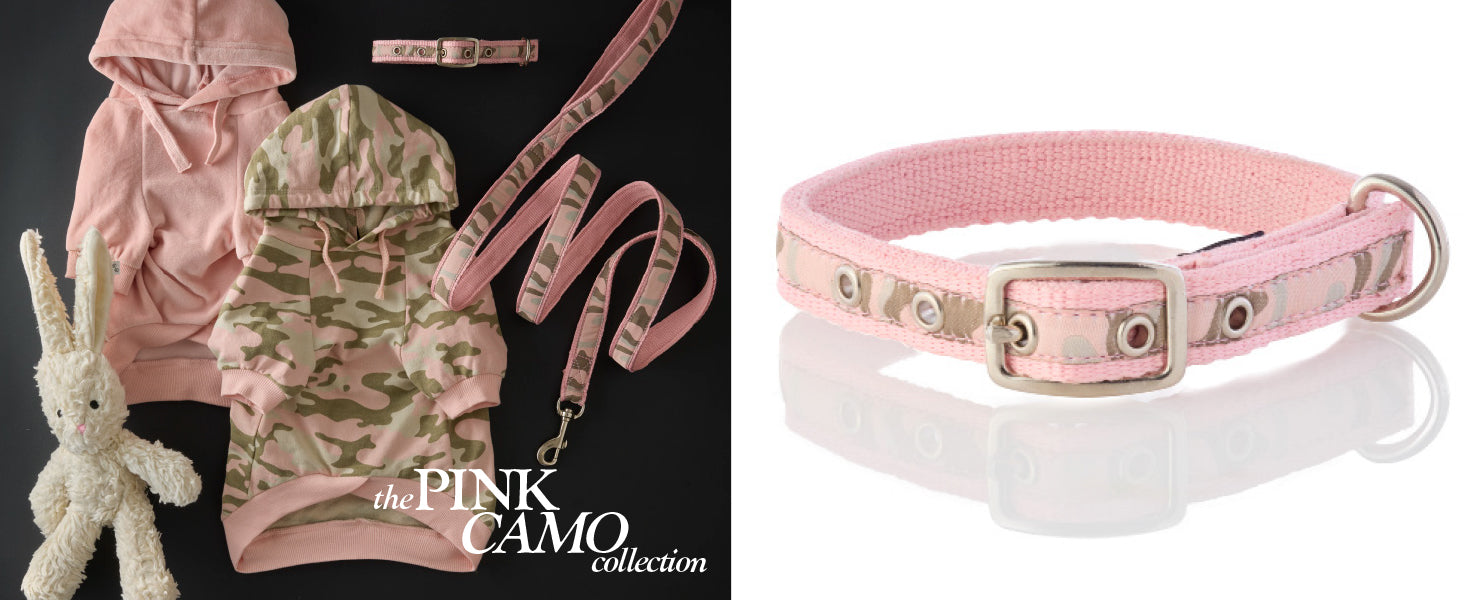 Pink and camouflage dog hoodies with a pink and gold dog collar on a white background.
