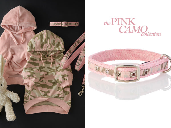Pink and camouflage dog hoodies with a pink dog collar on a white background, featuring 'the Pink Camo collection'.