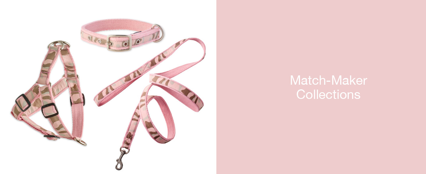 Pink dog harness and leash set with 'Match-Maker Collections' text on a pink background
