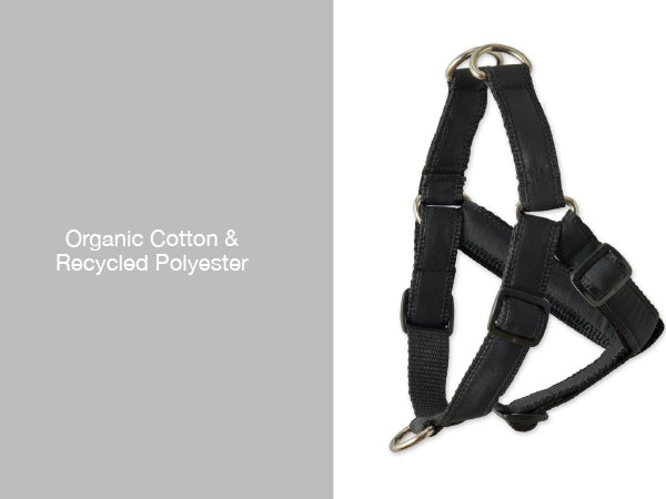 Black dog harness on a white background with text 'Organic Cotton & Recycled Polyester'.
