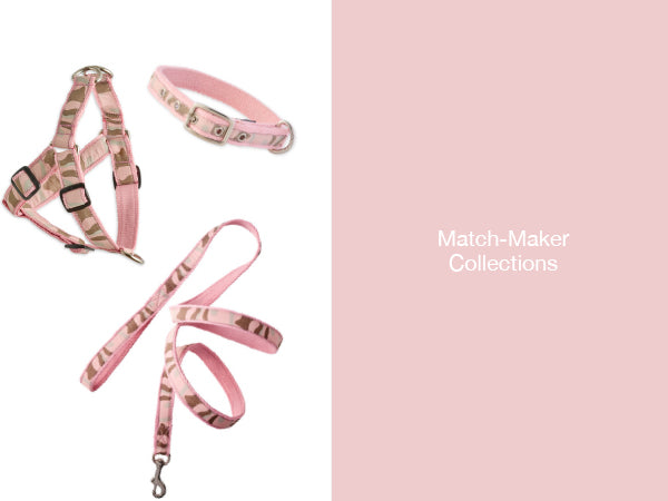 Dog harness and leash set with pink and brown pattern on a white background with 'Match-Maker Collections' text.