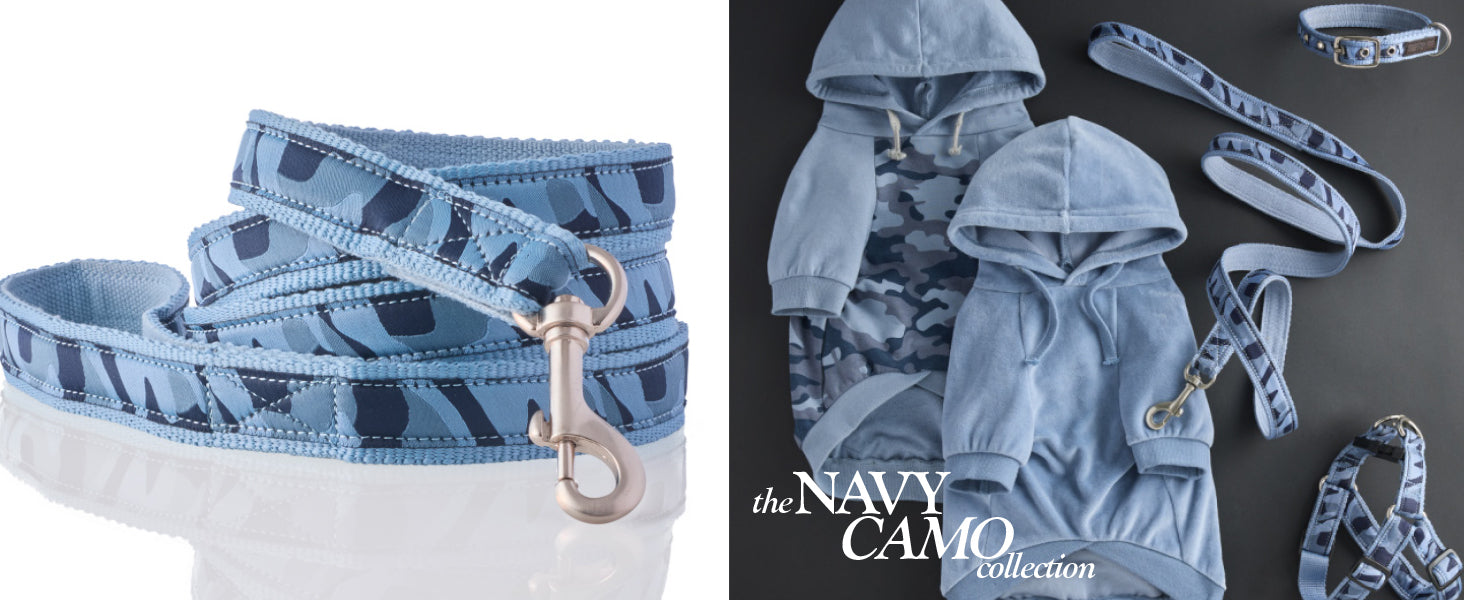 Navy camo dog leash and collar set on a gray background with 'The Navy Camo Collection' text.