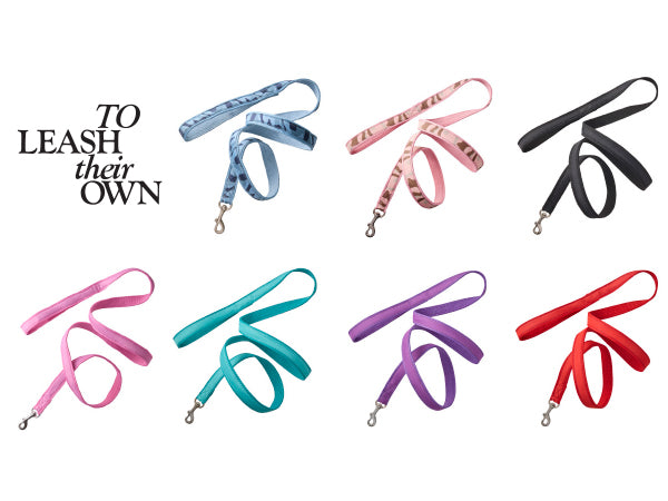 Collection of colorful dog leashes on a white background with text 'TO LEASH their OWN'.