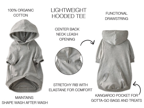 Gray dog hoodie with features highlighted on a white background