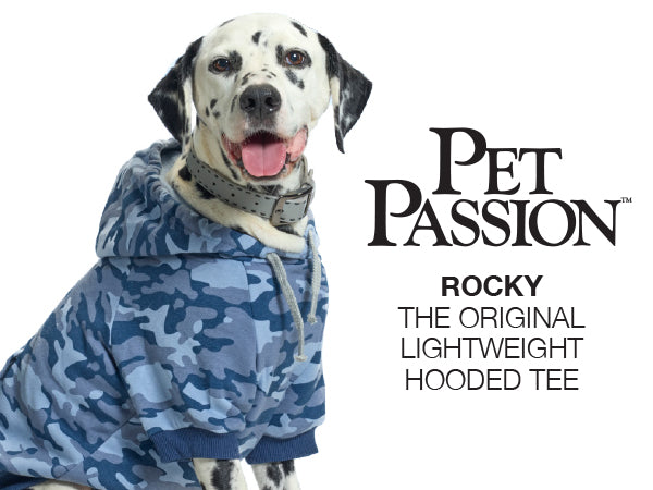 Dog wearing a blue camouflage hoodie with 'Pet Passion' branding on a white background