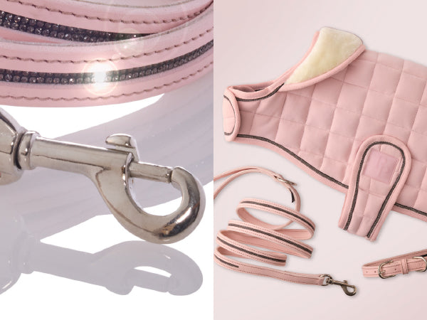 Pink dog muzzle and leash set with silver clasp on a light pink background
