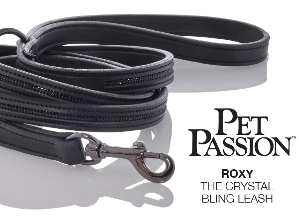 Black crystal bling leash with 'Pet Passion' branding on a white background
