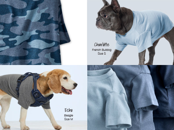Collage of dog clothing with camouflage pattern, dog in light blue sweater, and folded gray sweater.