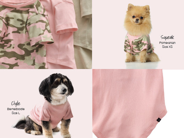 Collage of dogs wearing pink and camouflage outfits with size labels.