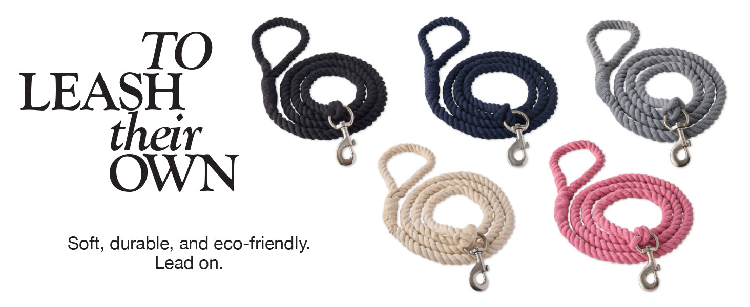 Set of four dog leashes in black, navy, beige, and pink with text about their qualities.