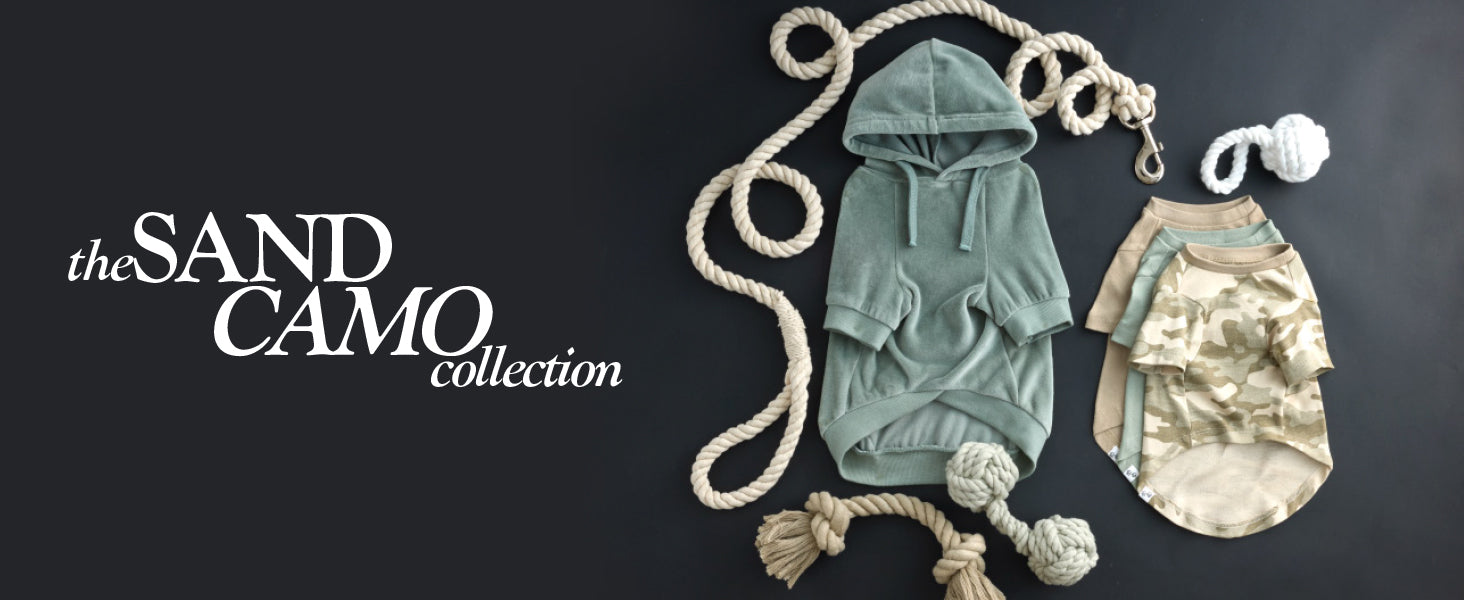 Children's clothing and accessories with 'the SAND CAMO collection' branding on a dark background.