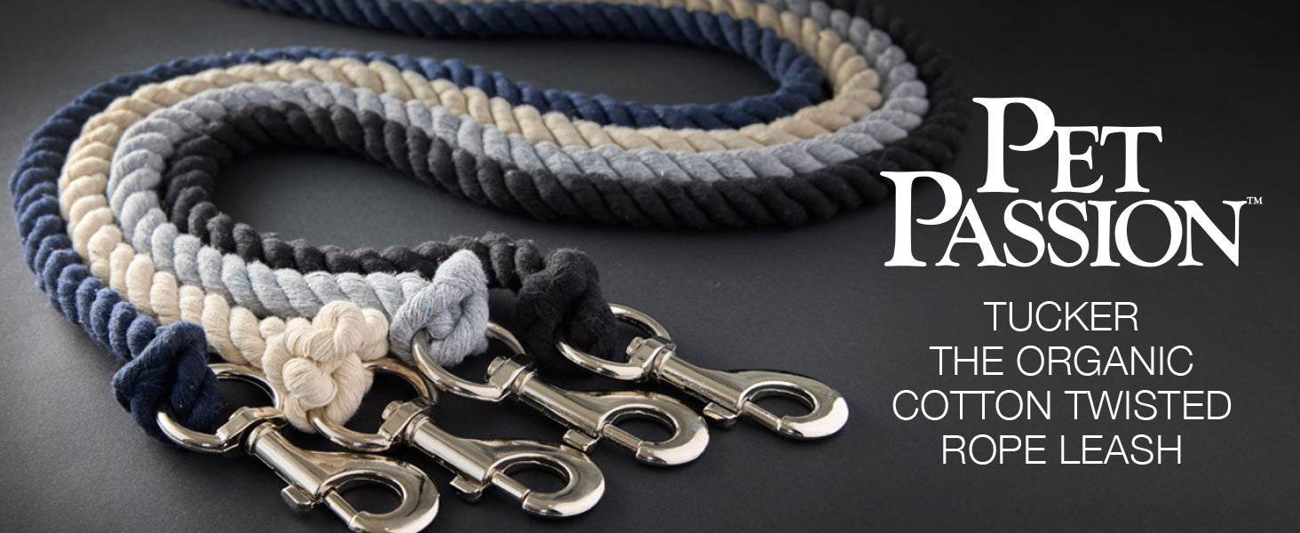 Pet Passion Tucker organic cotton twisted rope leash on a dark background