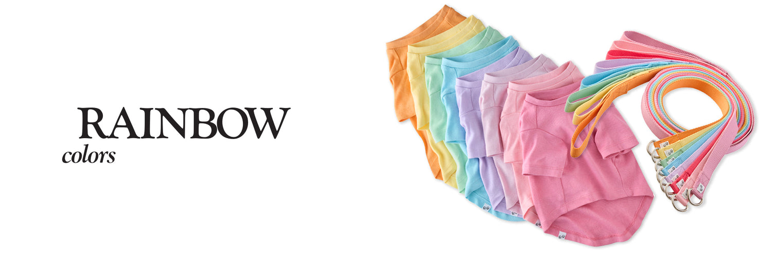 Pet Passion Match Maker Rainbow collection — coordinating organic cotton dog and family apparel in vibrant rainbow tones
