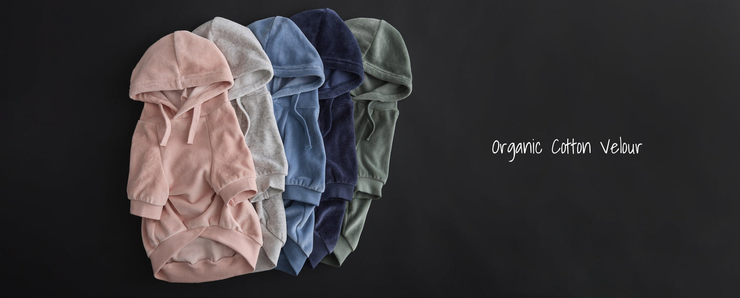 Pet Passion velour hoodies — soft, cozy organic cotton dog hoodies in Match Maker colorways for small to large dogs