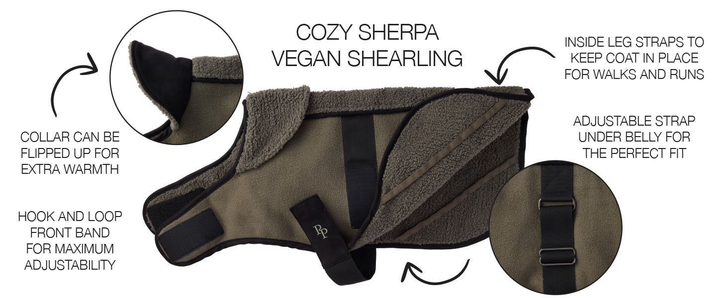 Cozy Sherpa Vegan Shearling dog coat with features highlighted