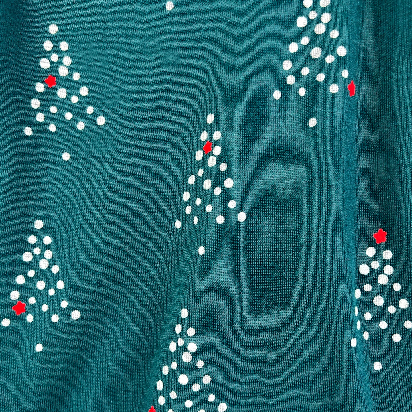 Teal fabric with white Christmas tree patterns and red accents