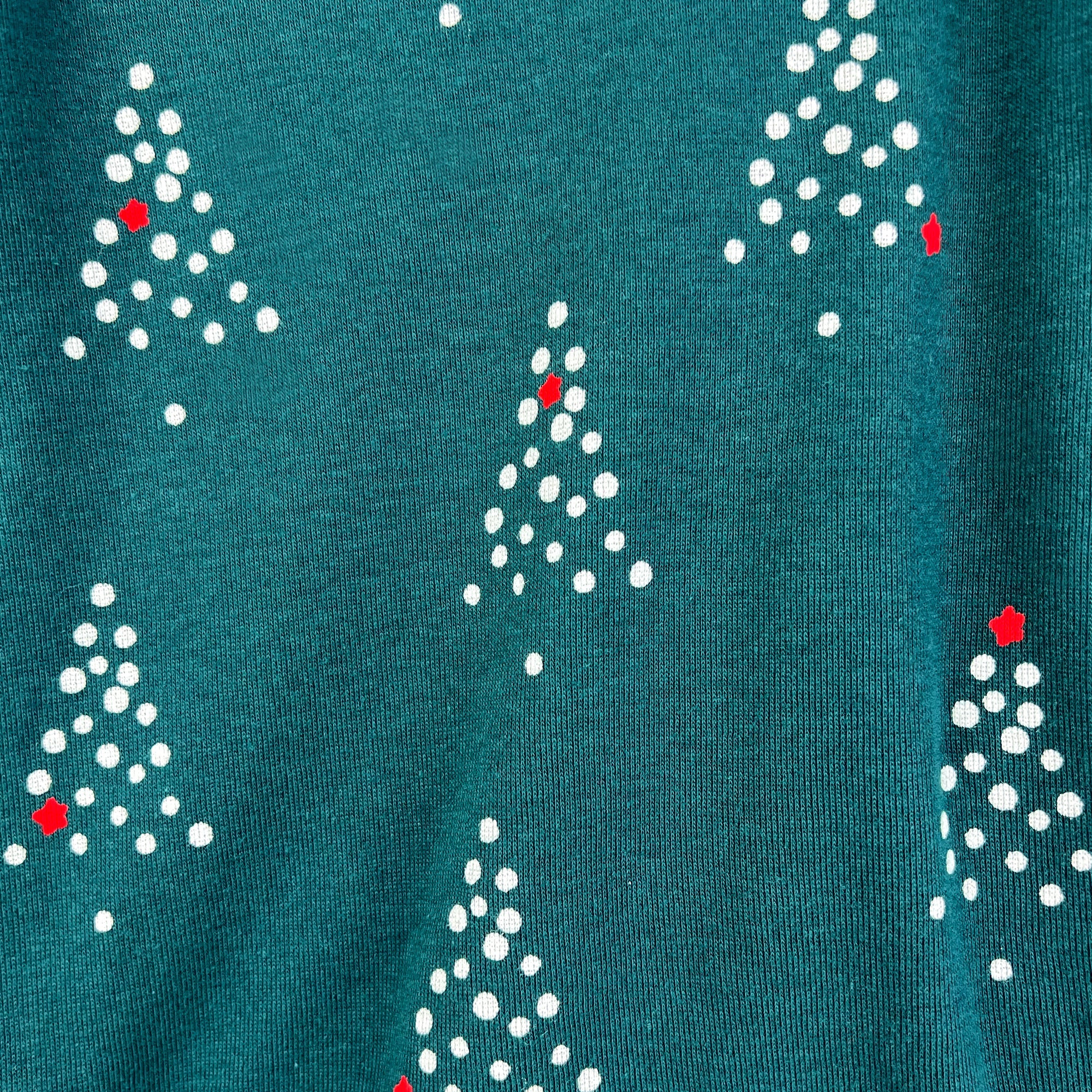 Teal fabric with white Christmas tree patterns and red accents