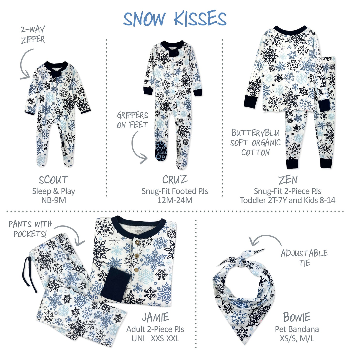 Collection of snow-themed matching family pajamas and accessories with product names and features.