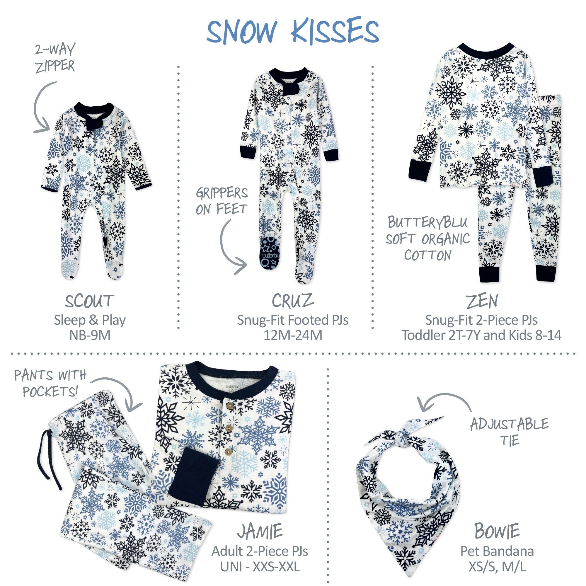 Collection of snow-themed matching family pajamas and accessories with product names and features.