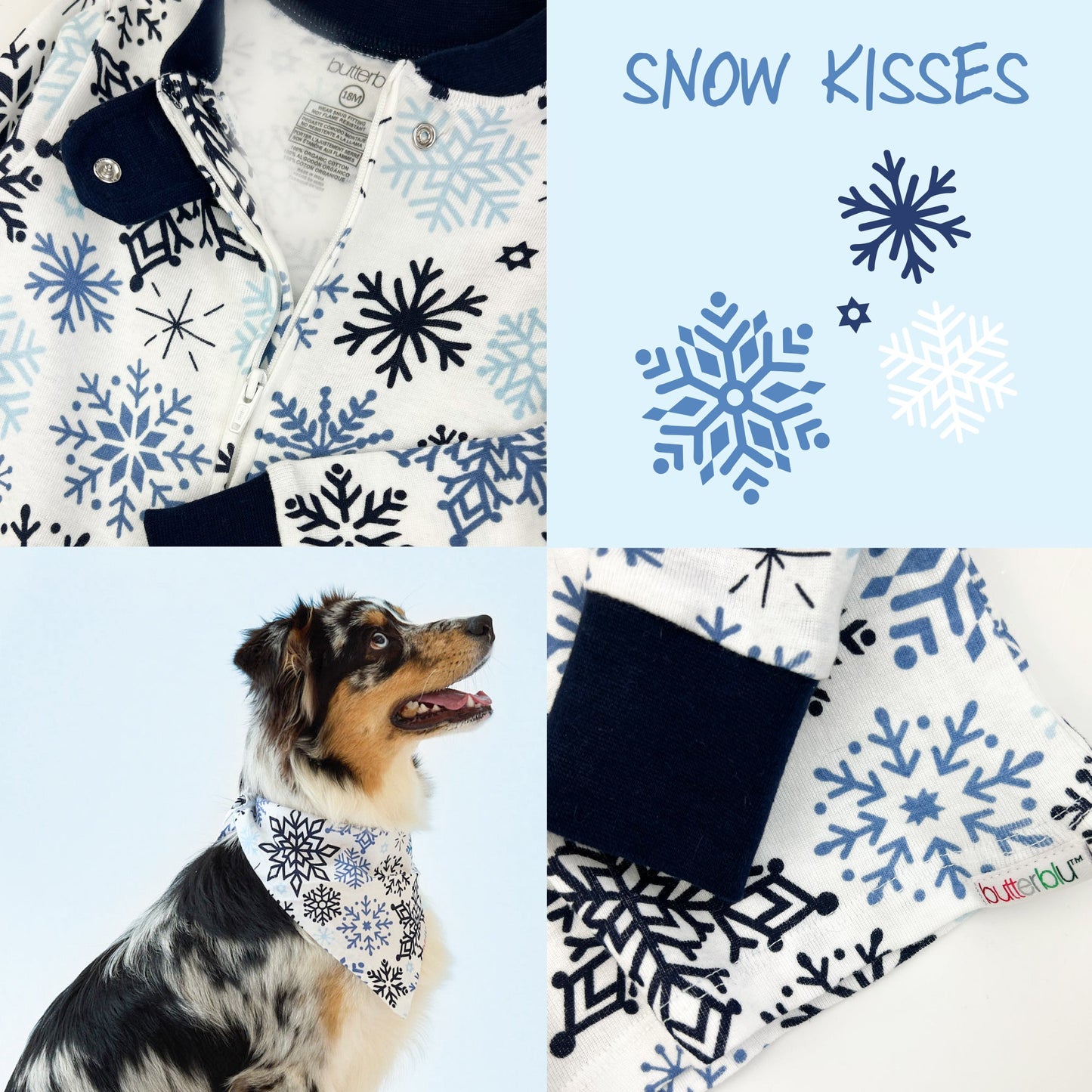 Dog wearing a snowflake patterned bandana with matching pajamas and product packaging.