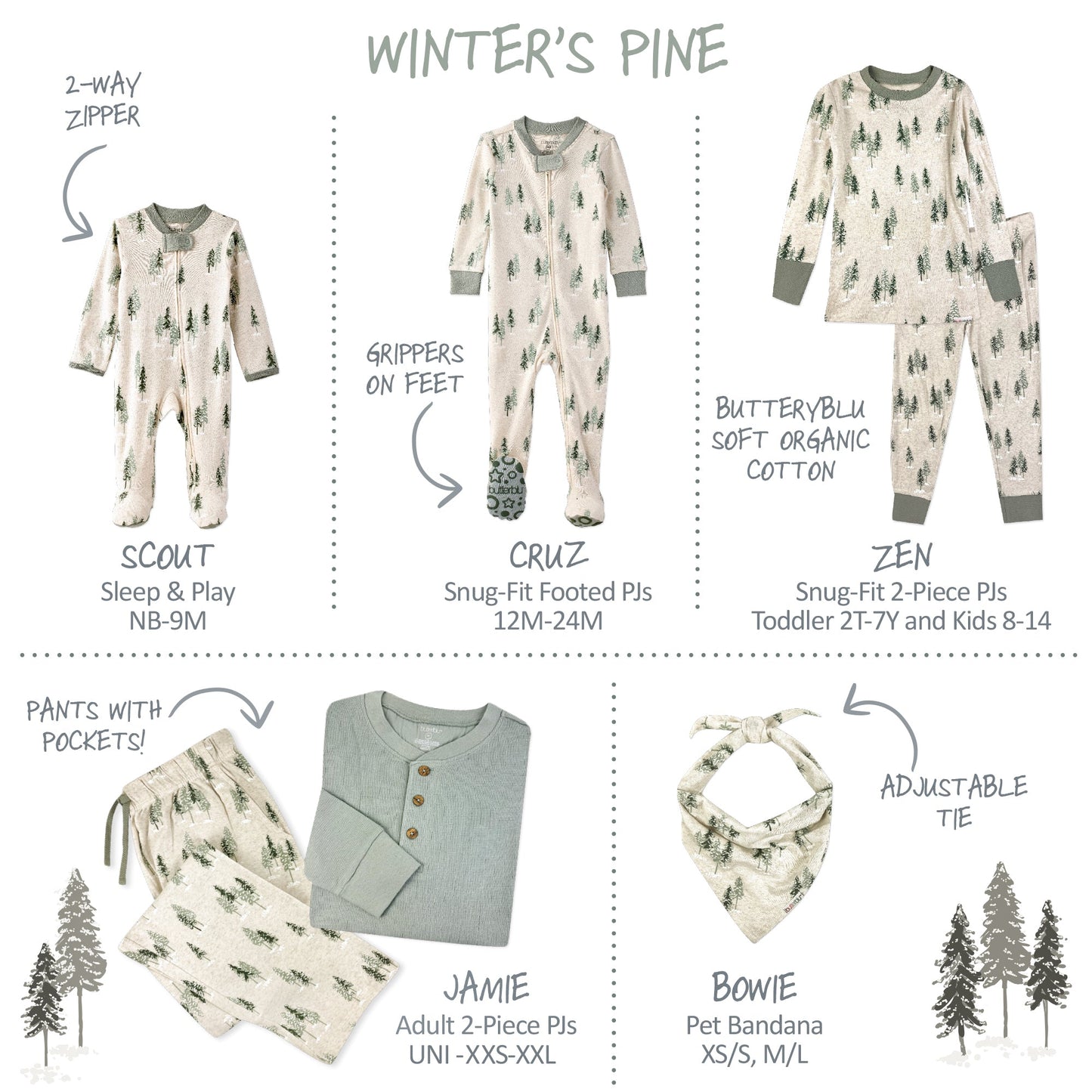 Collection of children's and adult clothing with tree patterns and labels on a white background.