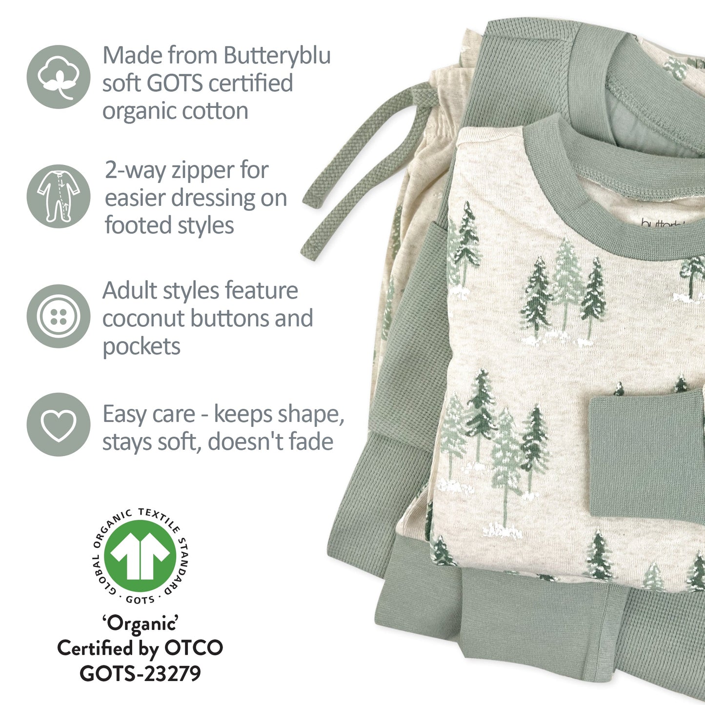 Children's pajama set with organic cotton features and certification details.