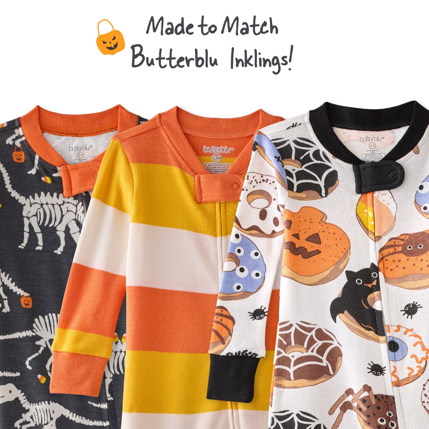 Three children's pajamas with Halloween-themed designs on a white background.