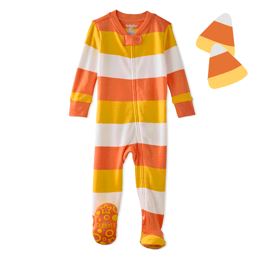 Butterblu Cruz snug-fit footed baby boys pajamas in Corny Candy Stripe — GOTS-certified organic cotton zippered sleepers for baby boys