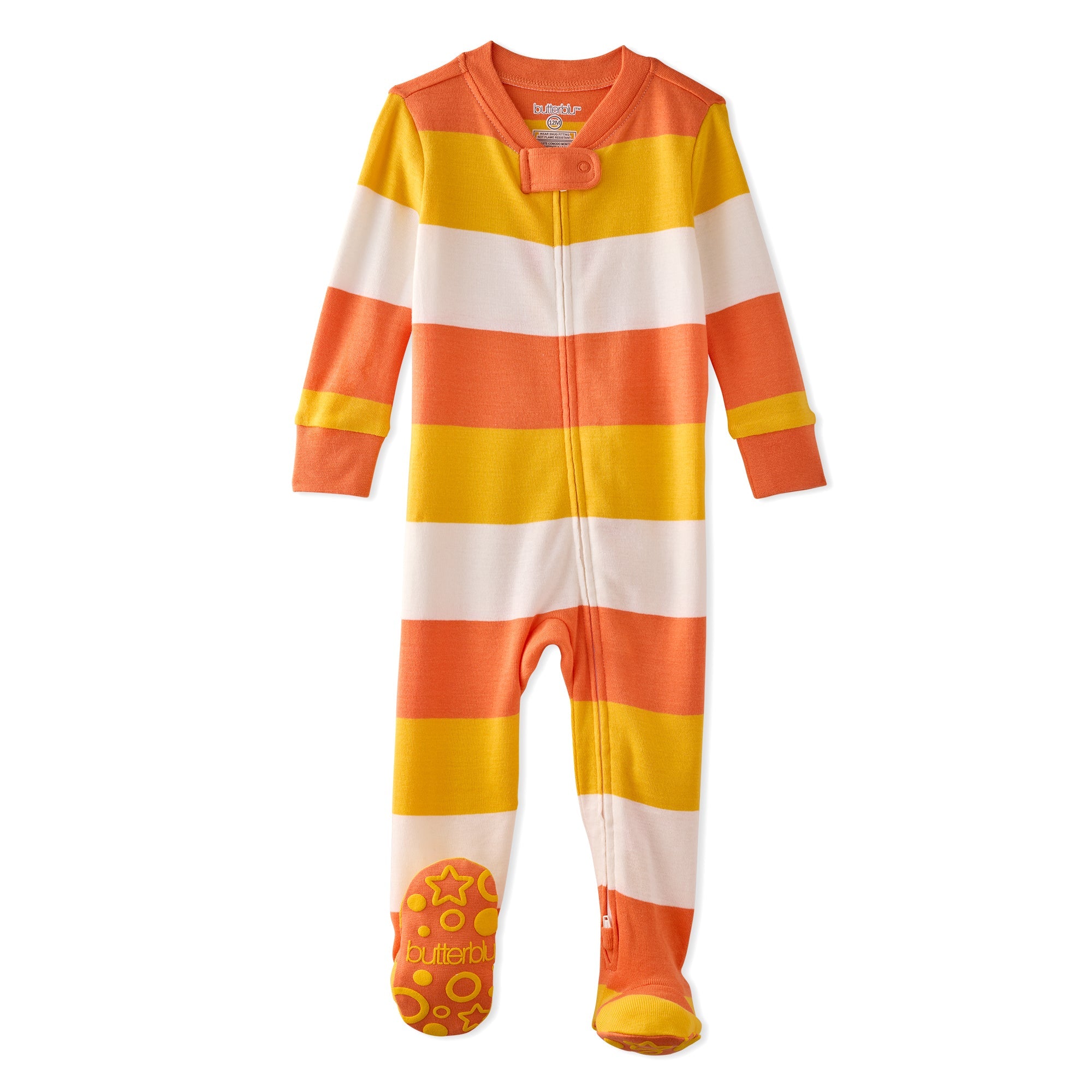 Striped baby onesie with orange, yellow, and white colors on a white background
