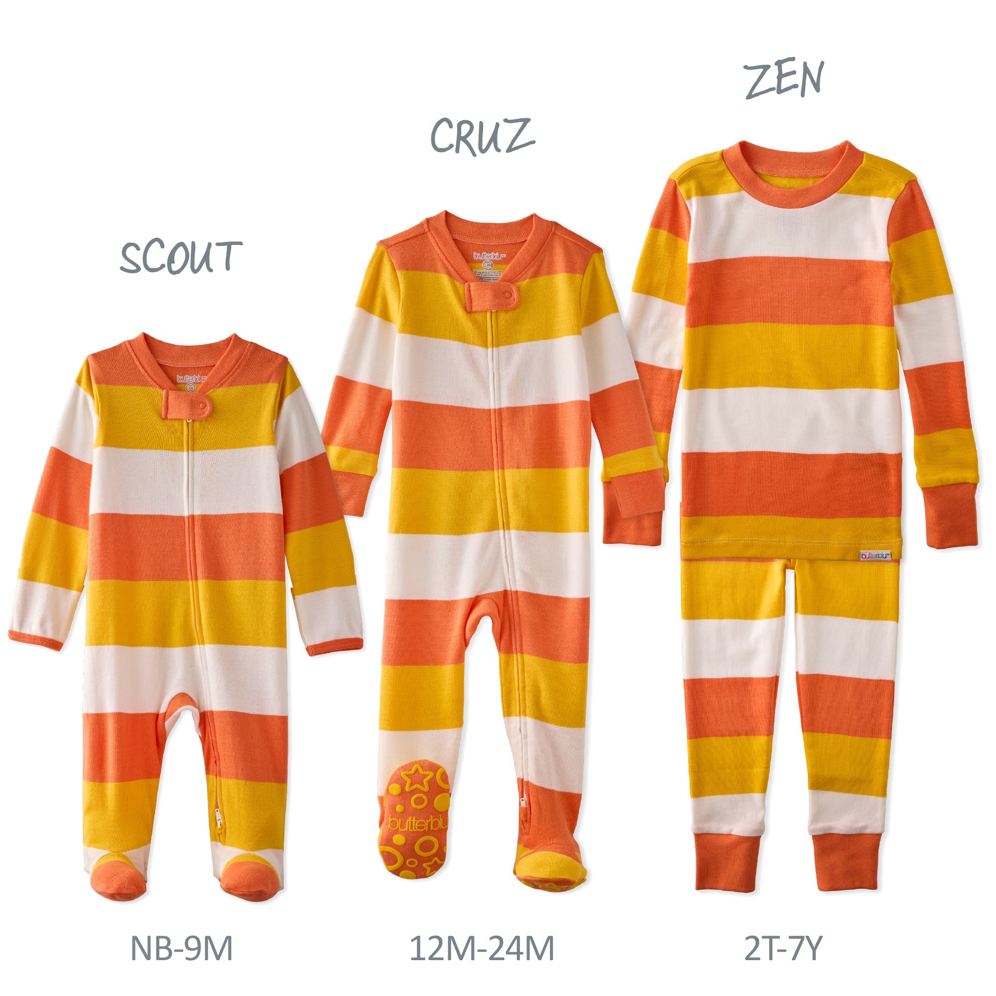 Three striped onesies labeled 'Scout', 'Cruz', and 'Zen' in various sizes on a white background.
