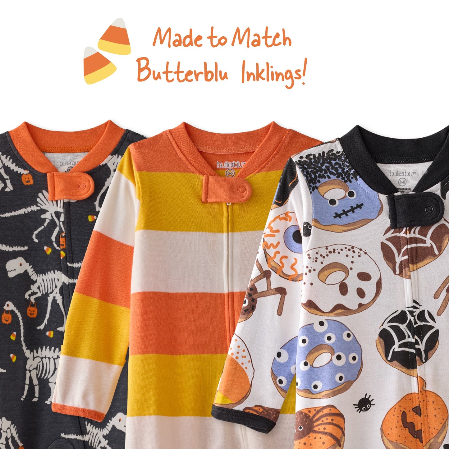 Three children's pajamas with Halloween-themed designs on a white background.