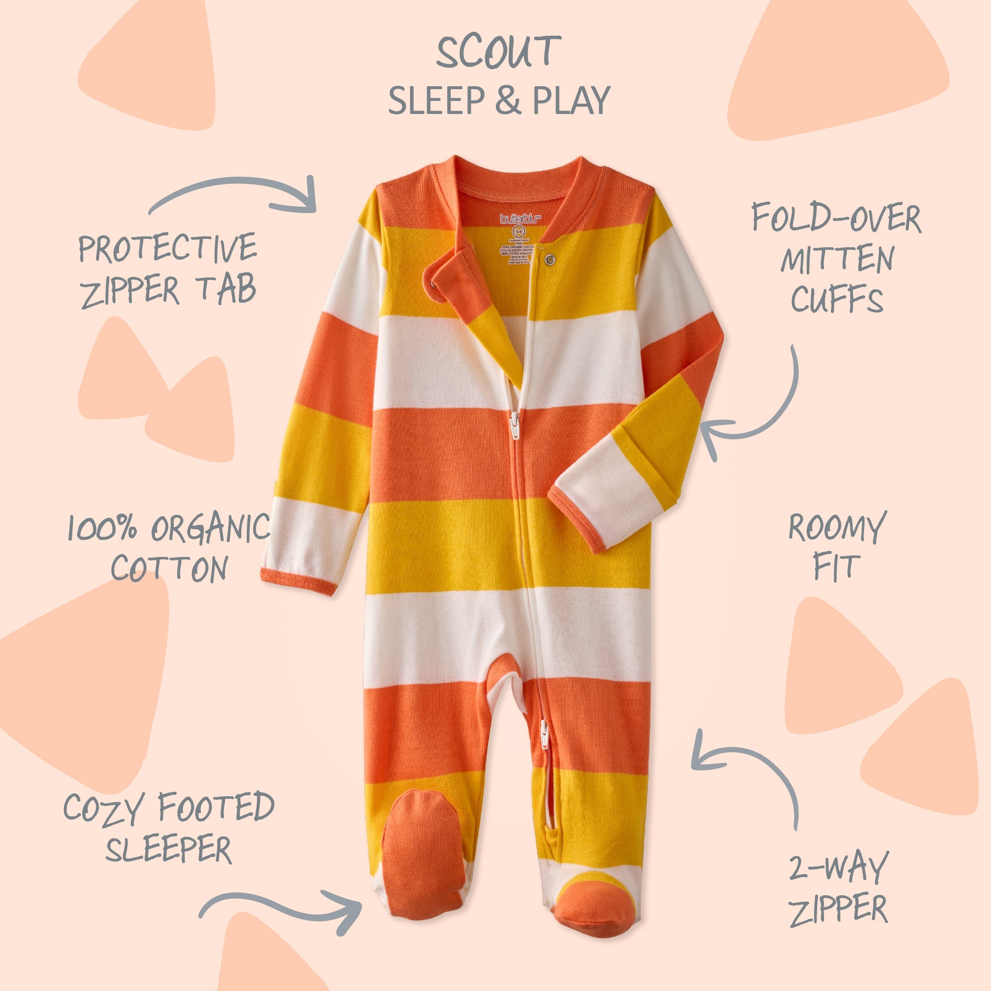 Striped baby onesie with features highlighted on a pink background