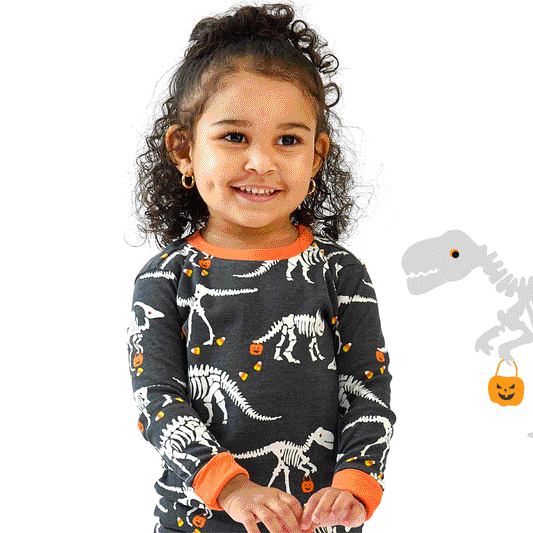Butterblu Zen 2-piece toddler girls pajamas in Candy Saurus — GOTS-certified organic cotton two-piece PJ set