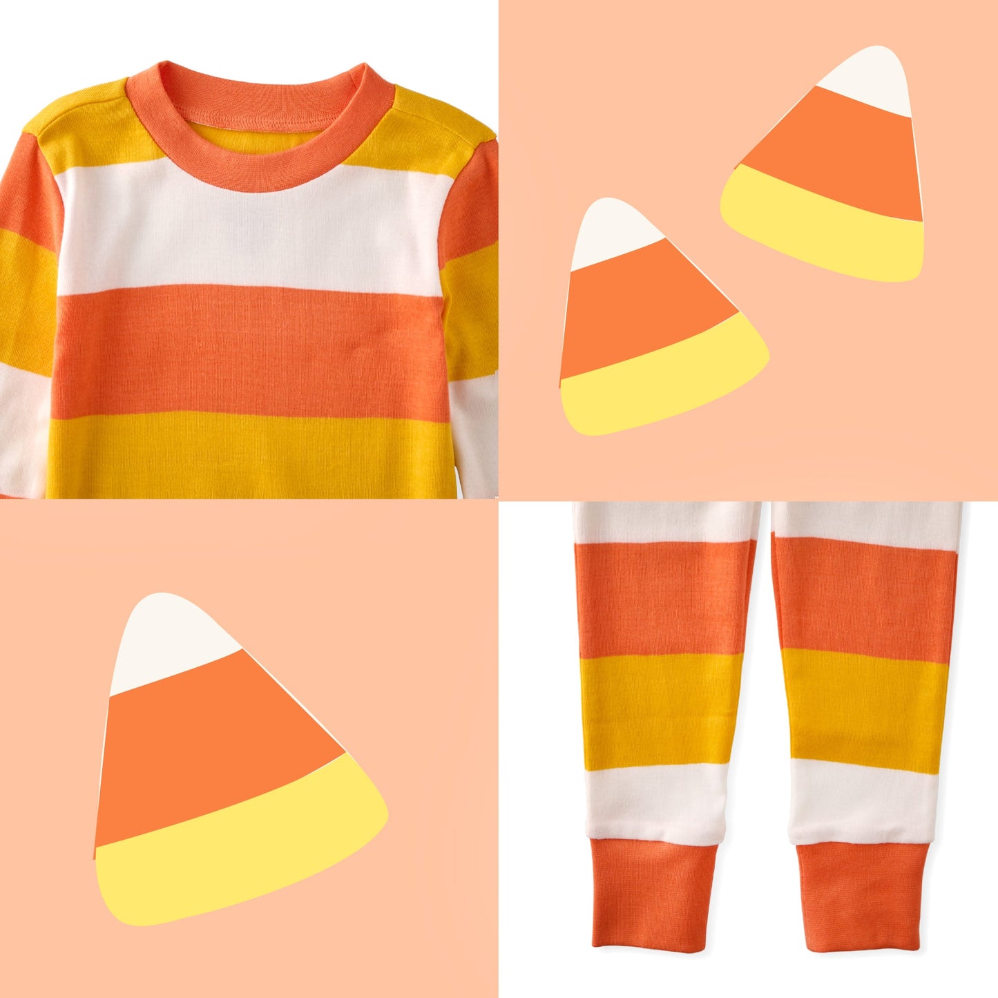 Children's pajama set with candy corn design on a peach background