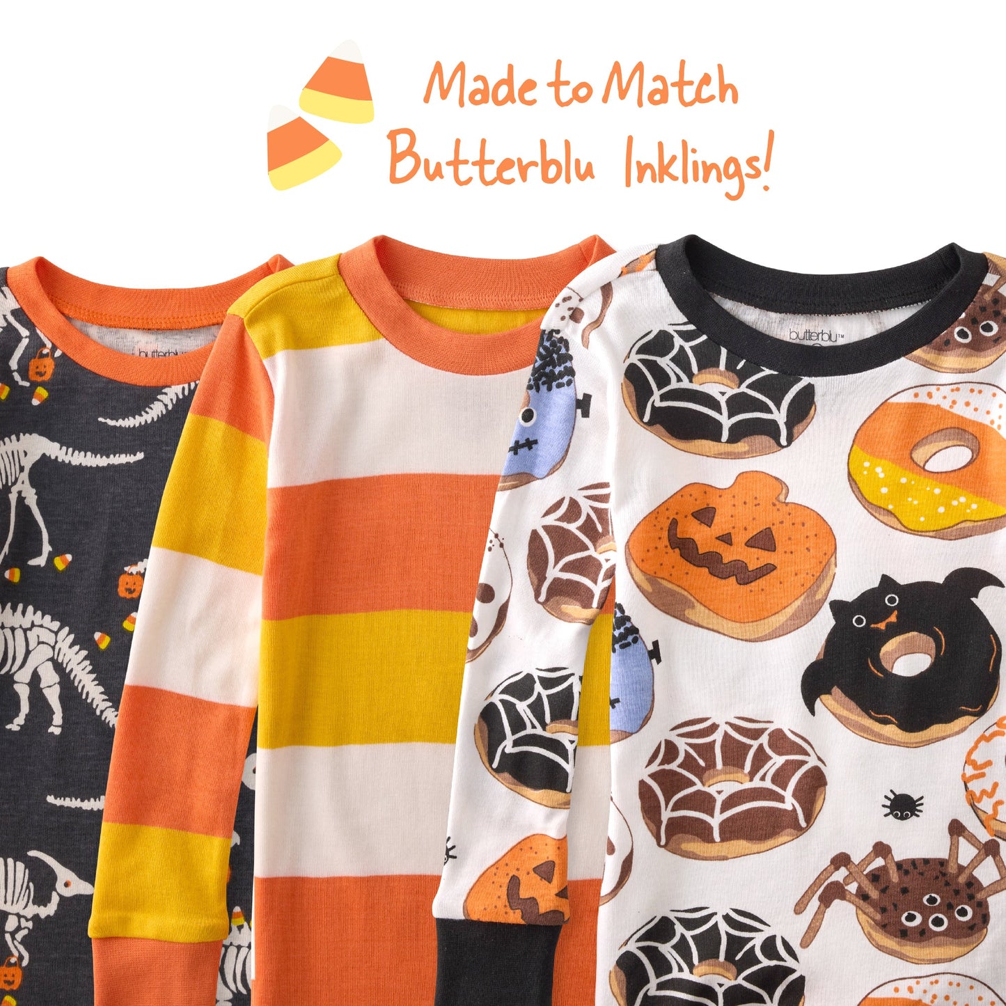 Four children's pajama sets with Halloween-themed designs on a white background.