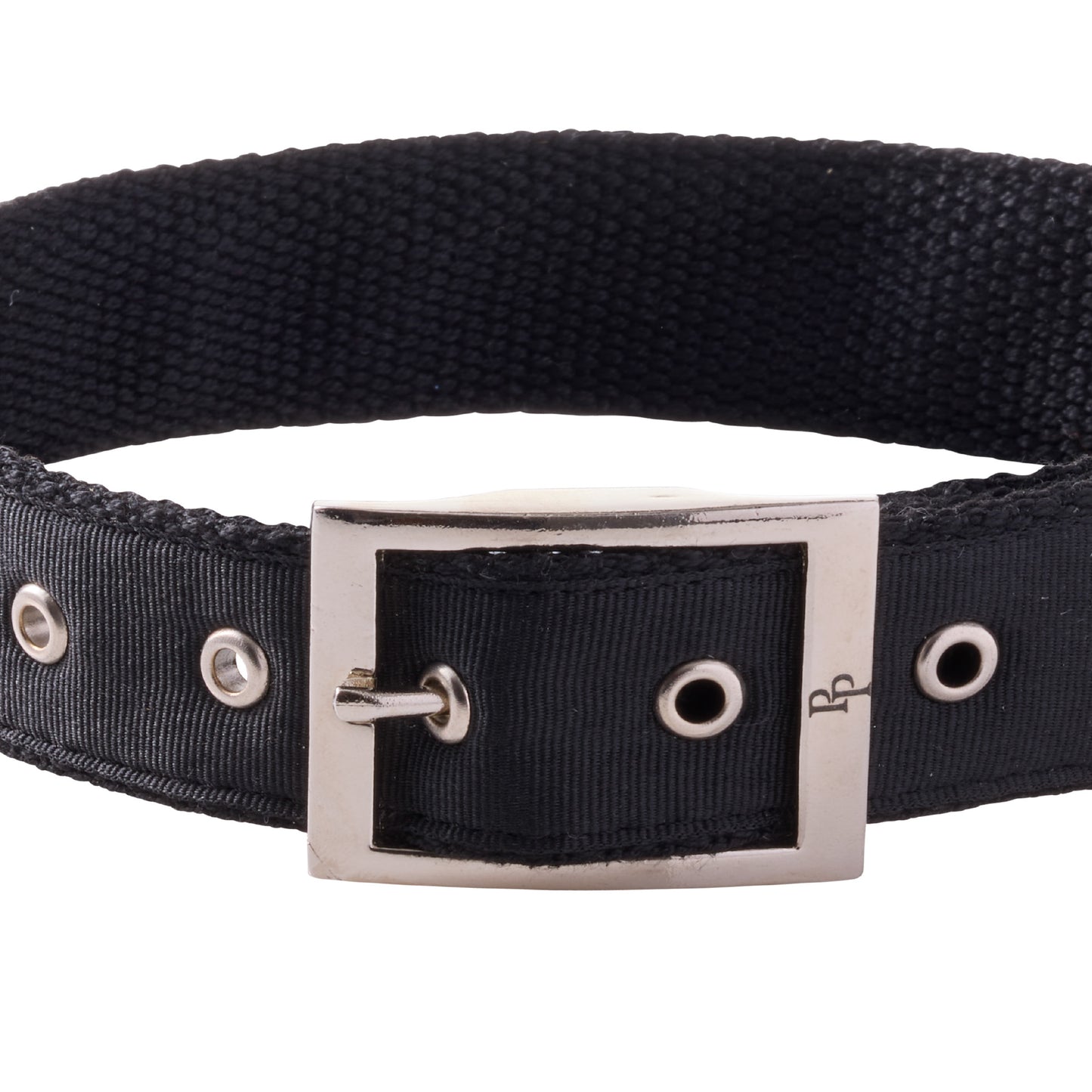 Close-up of silver buckle hardware on collar with small Pet Passion Logo