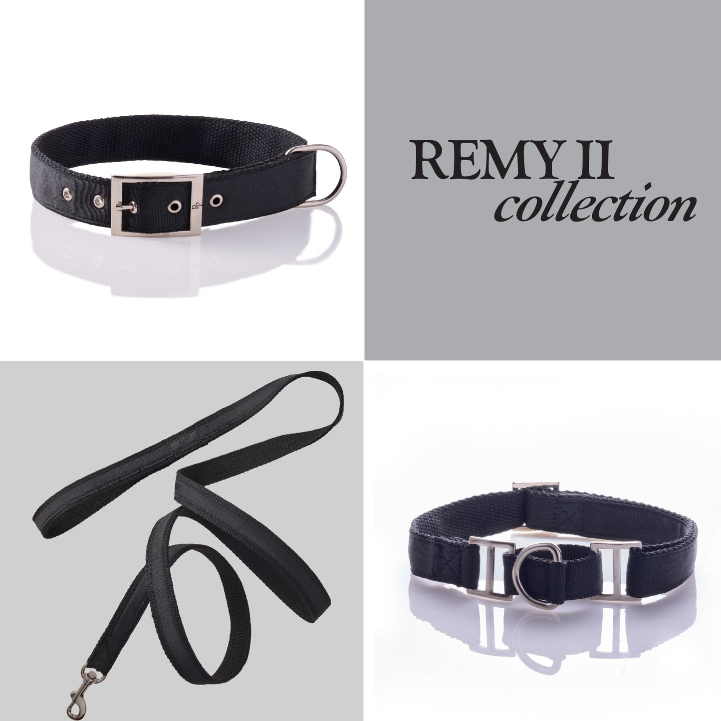 Collage of REMI II collection with title, two collars, and a leash
